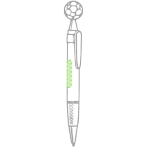 A pen featuring a football-shaped top, with a white body and green accents. It includes a clip and textured grip.