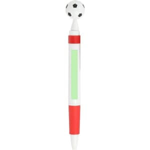 A pen with a red and white design featuring a soccer ball on top and a green display area.