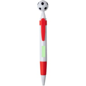 A white and red pen with a soccer ball top and a green section, featuring a textured grip.