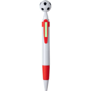 A pen featuring a white body with a red grip and a soccer ball on top. It has a logo on the side.