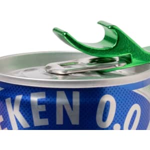 A drink bottle opener keyring in green, positioned over a blue can with a pull tab. Features a logo.