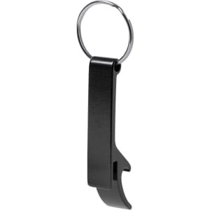 A drink bottle opener keyring in black, featuring a sleek design and a metal keyring attachment.
