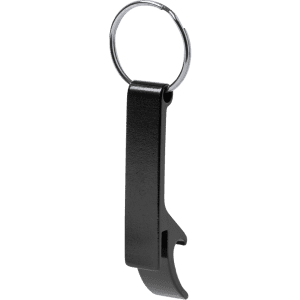 A drink bottle opener in black, attached to a metallic keyring. The opener features a sleek design with a logo.