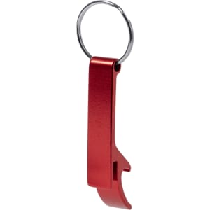 A red bottle opener keyring with a metallic finish and a circular attachment ring.