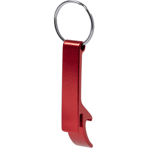 A drink bottle opener keyring in red, featuring a slim design and a small attached ring for keys.