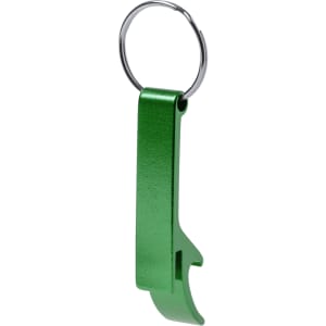 A green bottle opener keyring with a metal keyring attachment and a sleek design.