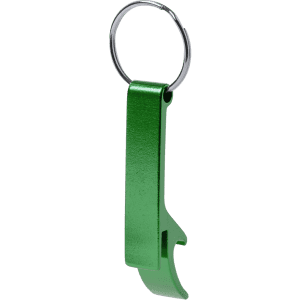 A green bottle opener keyring with a shiny finish and a metal ring for attachment.