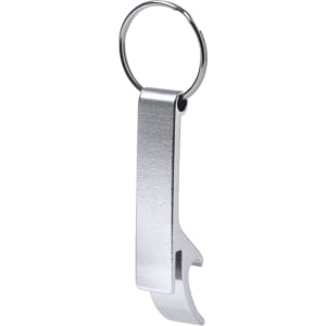 A drink bottle opener keyring in silver metal with a keyring attachment. It features a sleek design and a branding logo.