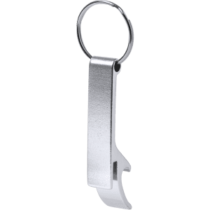 A drink bottle opener keyring in silver with a keyring attachment and a sleek, metallic finish.