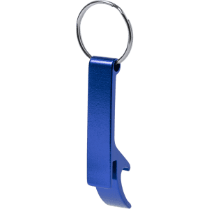 A drink bottle opener keyring in blue with a metallic finish and a circular keyring attachment.