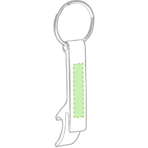 A drink bottle opener keyring in a sleek design, featuring a green accent and a circular keyring attachment.