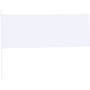 A white pennant flag attached to a white pole, suitable for exhibitions and events, features a branding logo.