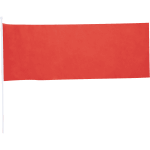 A red pennant flag attached to a white pole, designed for exhibitions and events.