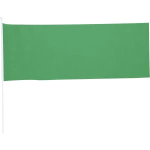 A green pennant flag attached to a white stick, ideal for exhibitions and events.
