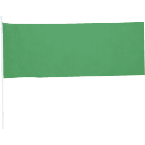 A green pennant flag on a white pole, designed for promotional events and exhibitions.