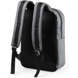 A grey laptop backpack with black accents and padded shoulder straps features a sleek design.