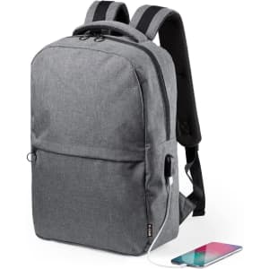 A grey laptop backpack featuring a charging port and a cable connected to a mobile phone.