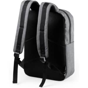 A grey and black laptop backpack featuring padded straps and a mesh back panel, with visible branding.