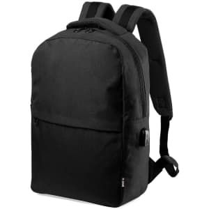 A black laptop backpack with padded straps, a zippered main compartment, and a front pocket, featuring a logo.