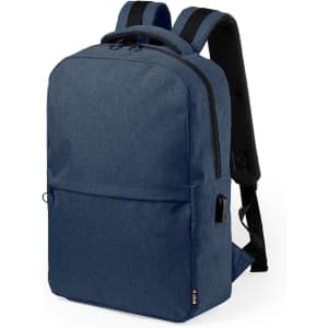 A navy blue laptop backpack featuring adjustable straps, a front pocket, and a branding logo.