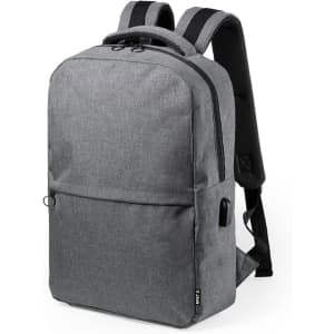A grey laptop backpack with padded straps and a front pocket, featuring a logo on the side.
