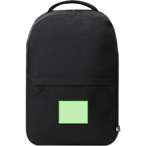 A black laptop backpack features a front pocket and a logo. It has a sleek, modern design.