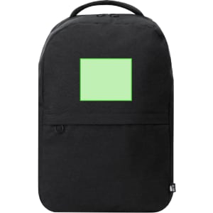 A black laptop backpack featuring a front panel with a blank green area and a simple design.