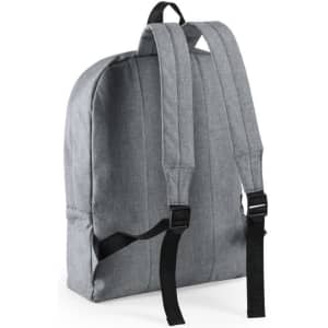 A grey backpack with adjustable black straps and a simple design, featuring a logo on the exterior.