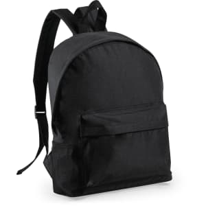 A black backpack with a front pocket and a side mesh holder, featuring adjustable straps and a simple design.