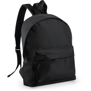 A black Caldy backpack featuring a front pocket and side mesh pocket, with adjustable shoulder straps.