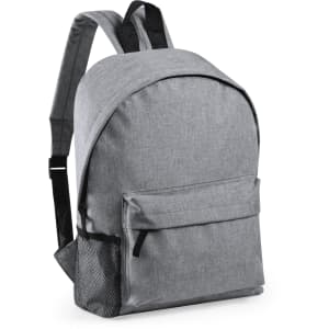 A grey backpack with a front pocket and a mesh side pocket, featuring shoulder straps and a branding logo.