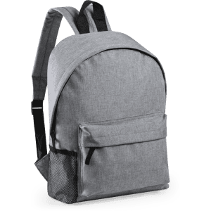 A grey backpack with a front pocket and a mesh side pocket, featuring adjustable straps and a logo.