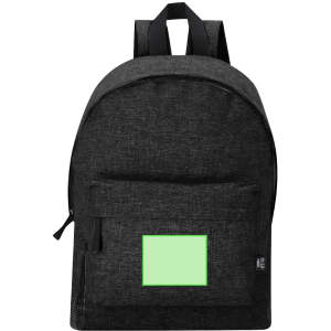 A black backpack featuring a front pocket and a green patch. It has adjustable straps and a logo.
