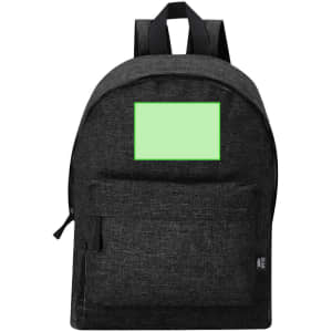 A black backpack featuring a front pocket and a blank area, with adjustable straps and a branding logo.