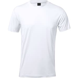 A plain white adult T-shirt with short sleeves and a round neckline, featuring a brand logo.