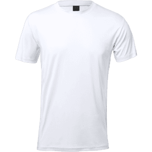 A plain white adult T-shirt with a crew neck and short sleeves, featuring a branding logo.