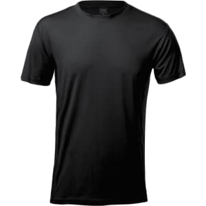 A plain black adult T-shirt with short sleeves and a crew neckline. It features a logo on the label.