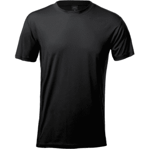 A black adult t-shirt with a round neckline and short sleeves, featuring a logo on the label.