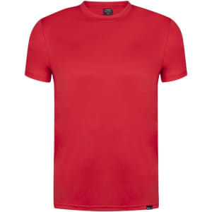 A red adult T-shirt with a round neck and short sleeves, featuring a logo.