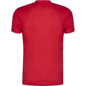 A red adult T-shirt featuring a plain back and a simple neckline. It has a logo on the back.