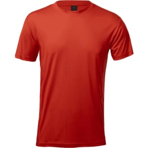 A red adult t-shirt with a round neck and short sleeves, featuring a logo on the label.