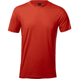A red adult t-shirt featuring a simple design and a logo on the neck area.