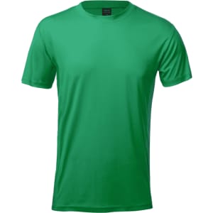 A green adult T-shirt with short sleeves and a crew neck, featuring a logo on the label.