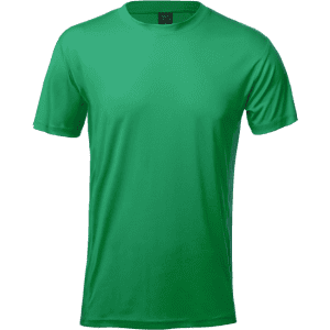 A green adult T-shirt with short sleeves, featuring a logo on the label.