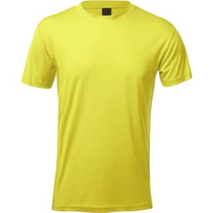 A bright yellow adult t-shirt with a crew neckline and short sleeves. Features a logo on the label.