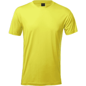 A bright yellow adult T-shirt with a simple design and a logo on the neckline.