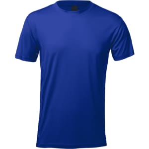 A blue adult t-shirt featuring a crew neckline and short sleeves, with a logo on the front.