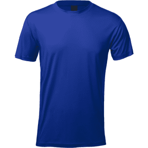 A blue adult T-shirt made from smooth fabric, featuring short sleeves and a simple design with a branding logo.