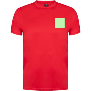A red adult T-shirt featuring a green square pocket design and a logo on the label.