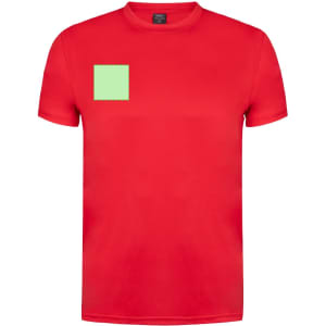 A red adult T-shirt featuring a green square on the front. The shirt has a logo on the label.